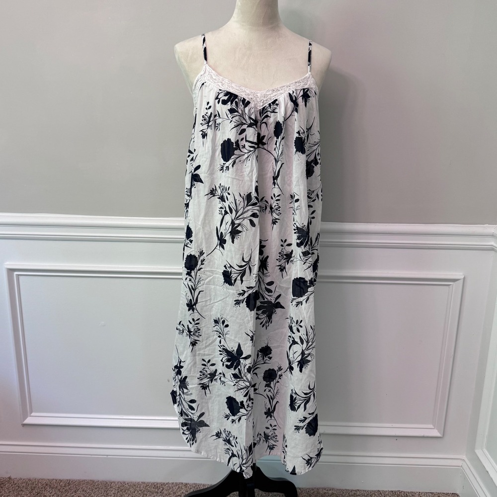 Joyspun Women Floral Cotton Nightgown White Black Lace Trim Sleep Dress Size L - Picture 2 of 8